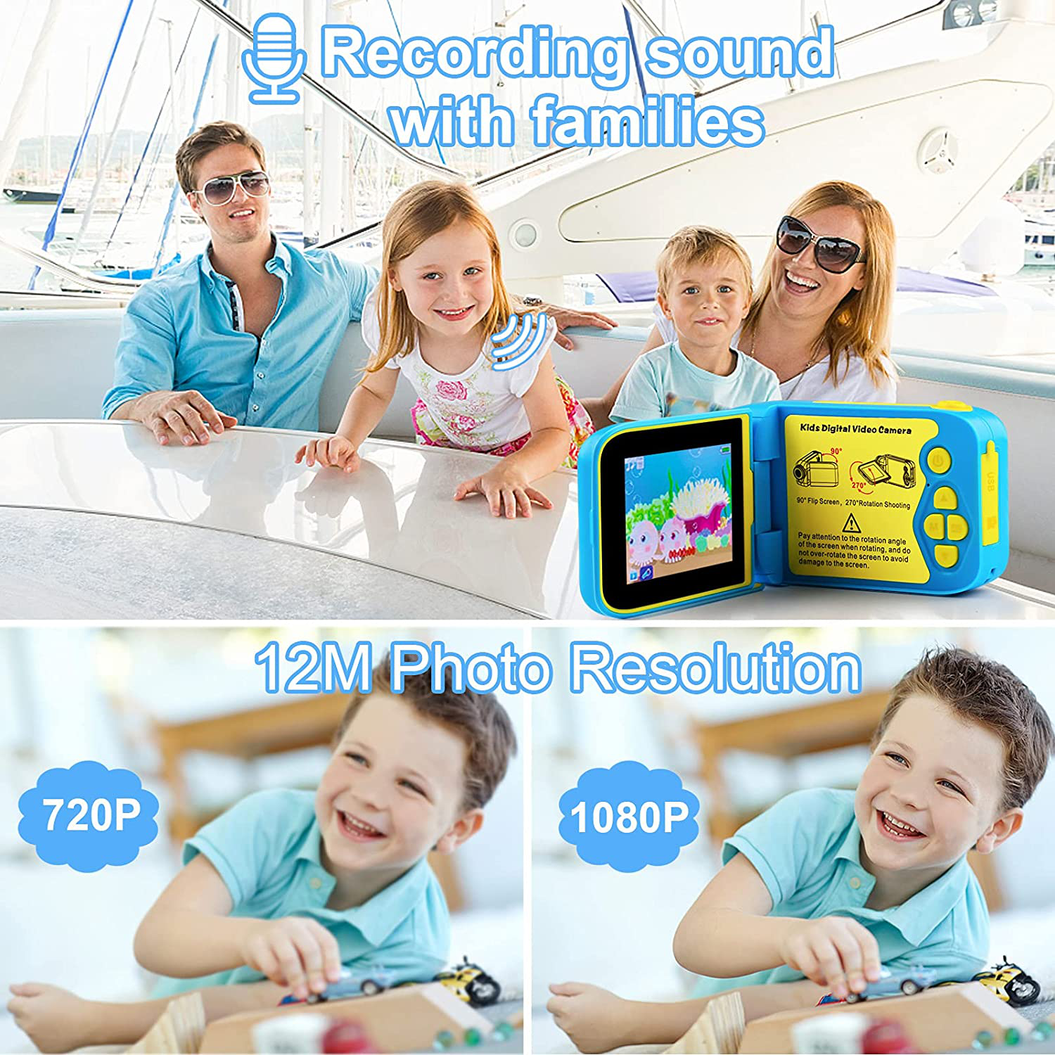 Kids Video Camera Boys Camcorder - Rotation Screen 270° Children Camera 3 4 5 6 7 8 9 Years Old Toy Gift Boys Birthday Holiday Kids Camcorder Beginner Photographer Kids Digital Camera 1080P 12MP 2.4"