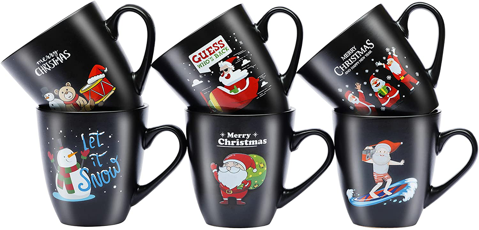 Coffee Mugs Set of 6 Large-Sized 16 Ounce Christmas Holiday Ceramic Mug - Holiday Coffee Mug Funny Novelty Mugs Decorative Christmas Gift, Christmas Matte Black