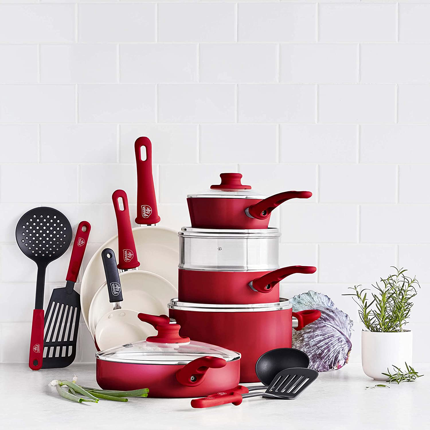 Greenlife Soft Grip Healthy Ceramic Nonstick, Cookware Pots and Pans Set, 16 Piece, Red