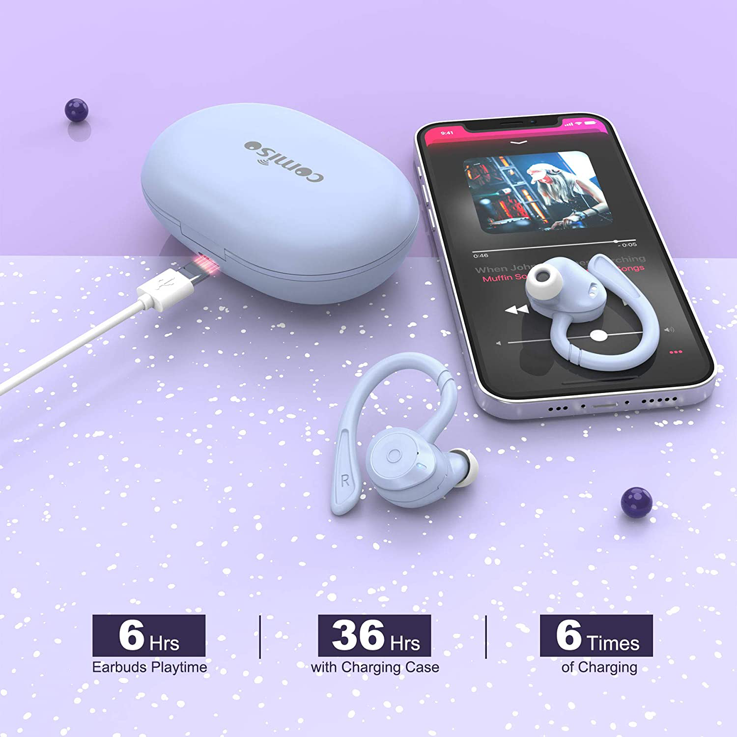 COMISO Wireless Earbuds, True Wireless in Ear Bluetooth 5.0 with Microphone, Deep Bass, IPX7 Waterproof Loud Voice Sport Earphones with Charging Case for Outdoor Running Gym Workout (Lavender)