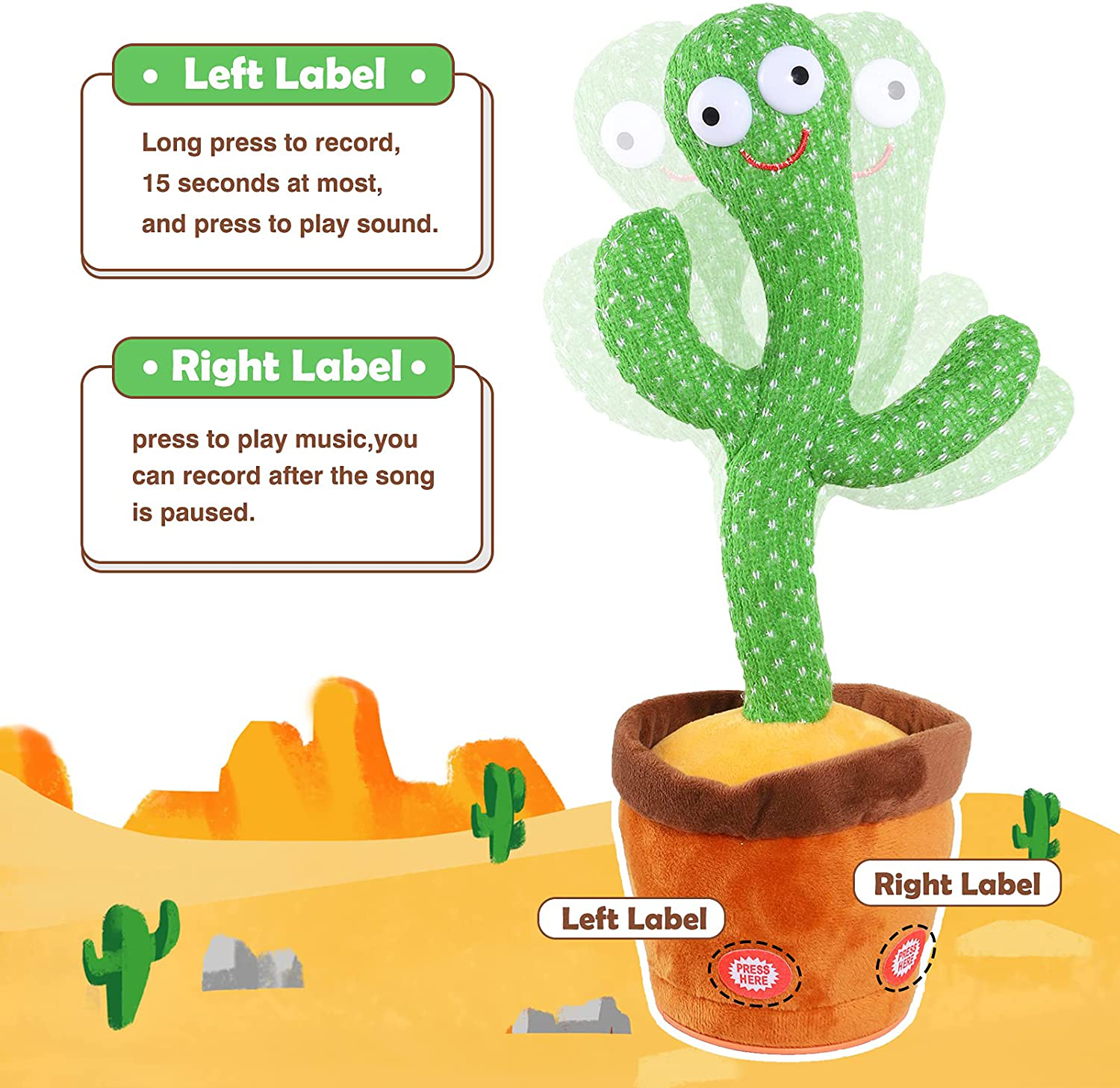 Kids Dancing Cactus Toys for Baby Boys and Girls, Talking Sunny Cactus Toy Electronic Plush Toy Singing, Record & Repeating What You Say with 120 English Songs and LED Lighting for Home Decor