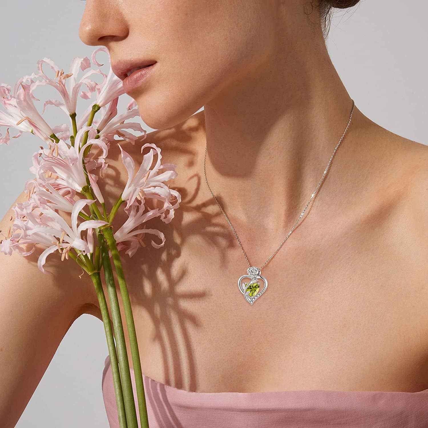Love Heart Birthstone Necklace for Women 925 Sterling Silver Rose Flower Necklace Created Gemstone Pendant Birthday Valentines Mothers Day Anniversary Christmas Gifts for Mom Wife Girls Her