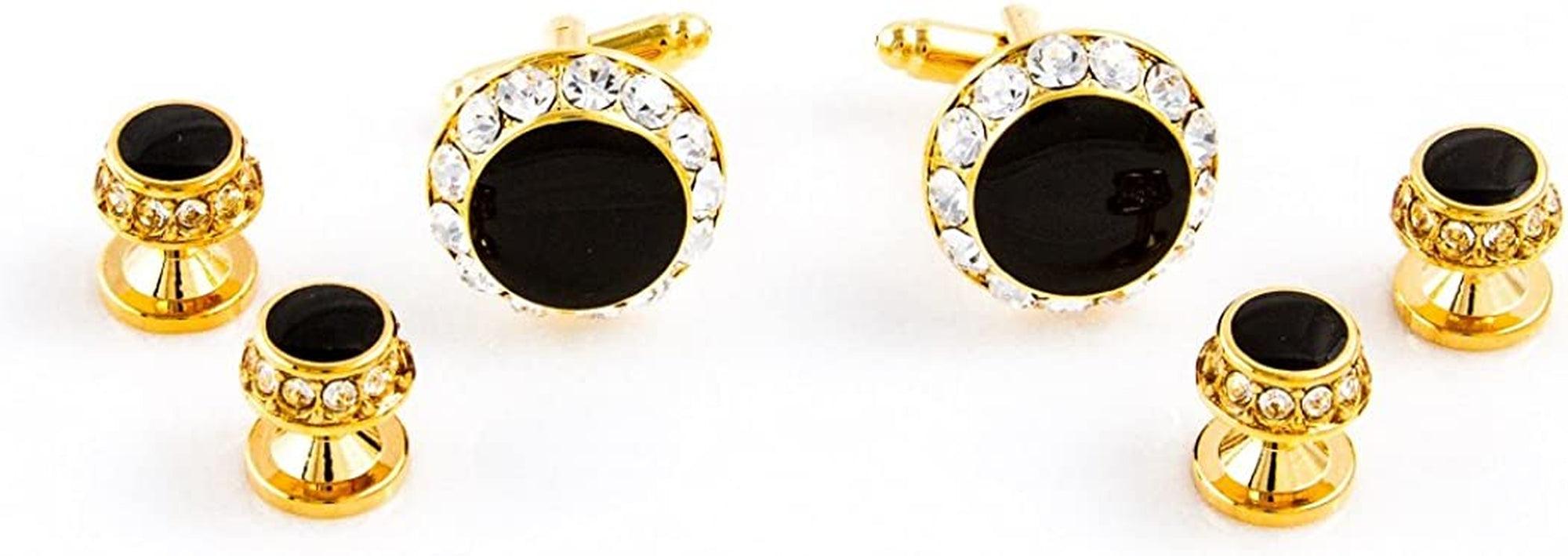 Black Onyx round Crystal Tuxedo Cufflinks & Studs Set in a Presentation Gift Box & Polishing Cloth
