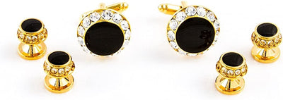 Black Onyx round Crystal Tuxedo Cufflinks & Studs Set in a Presentation Gift Box & Polishing Cloth