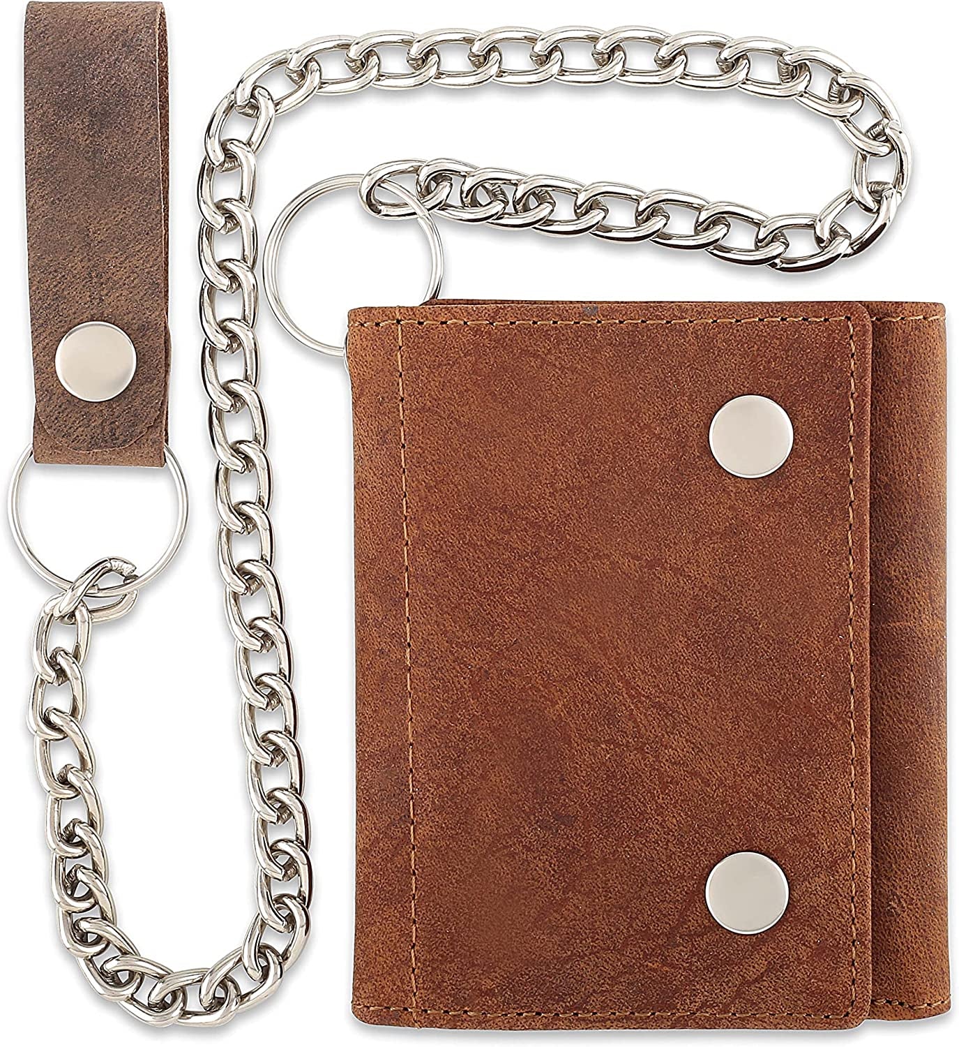 RFID Blocking Men'S Tri-Fold Vintage Biker Cowhide Top Grain Leather Steel Chain Wallet,Snap Closure, Made in Usa,Gl315,Black