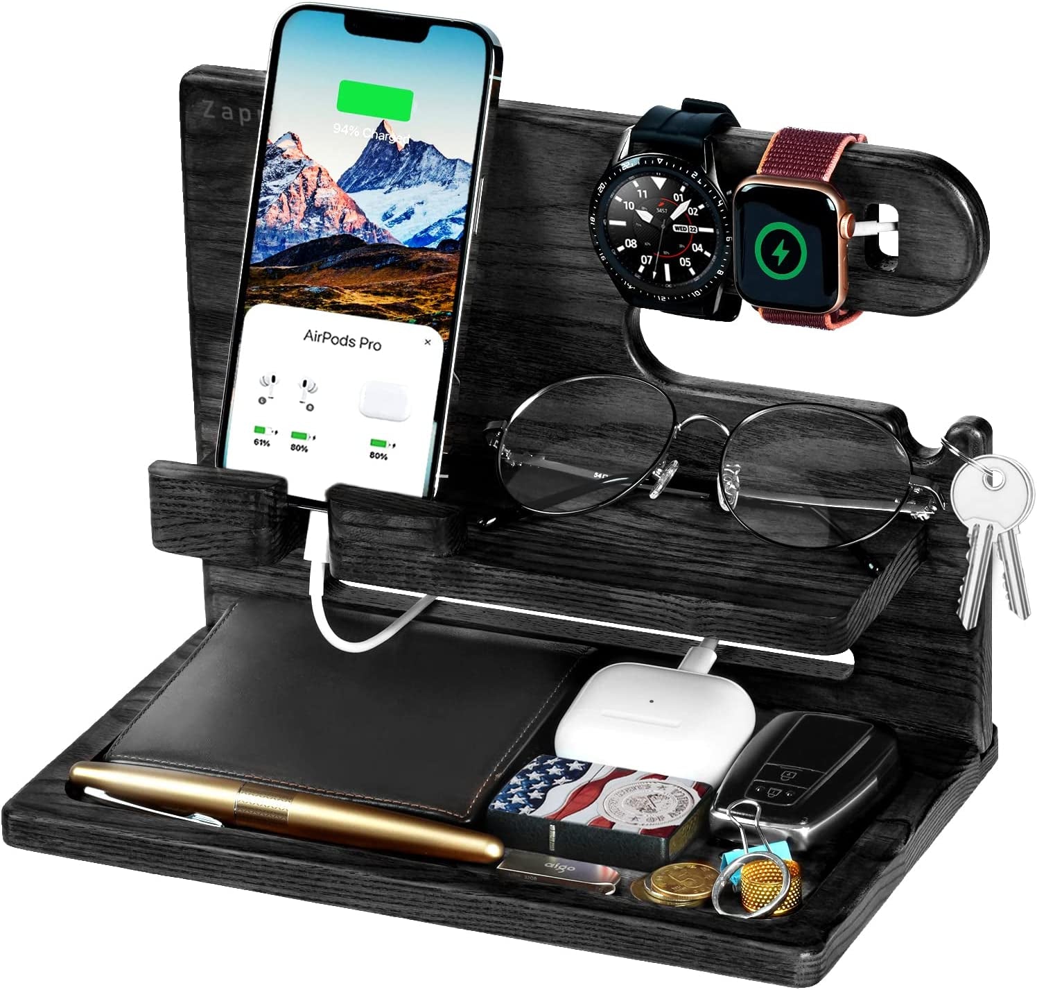 Gifts for Men, Gifts for Husband Boyfriend Him Valentines Day Anniversary from Wife Girlfriend, Ash Wood Phone Docking Station Nightstand Organizer, Dad Birthday Gifts Ideas from Daughter Son