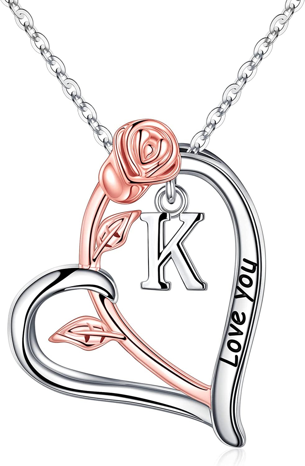 Rose Heart Initial Necklaces Gifts for Women Teen Girls, Rose Love You Heart Letter Pendant Necklace Jewelry Mothers Day Valentines Anniversary Christmas Birthday Gifts for Her Mom Wife Girlfriend