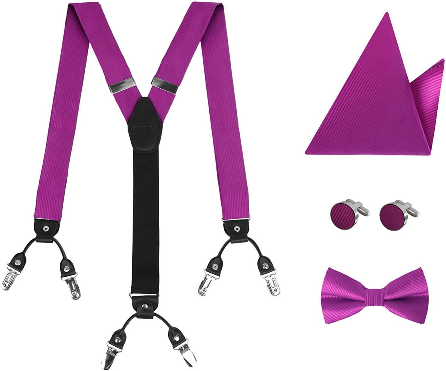 Jacquard Silk Suspenders for Men Clip-On Adjustable Elastic-Band Y-Back Suspenders Bow Ties Hanky Cufflink Set