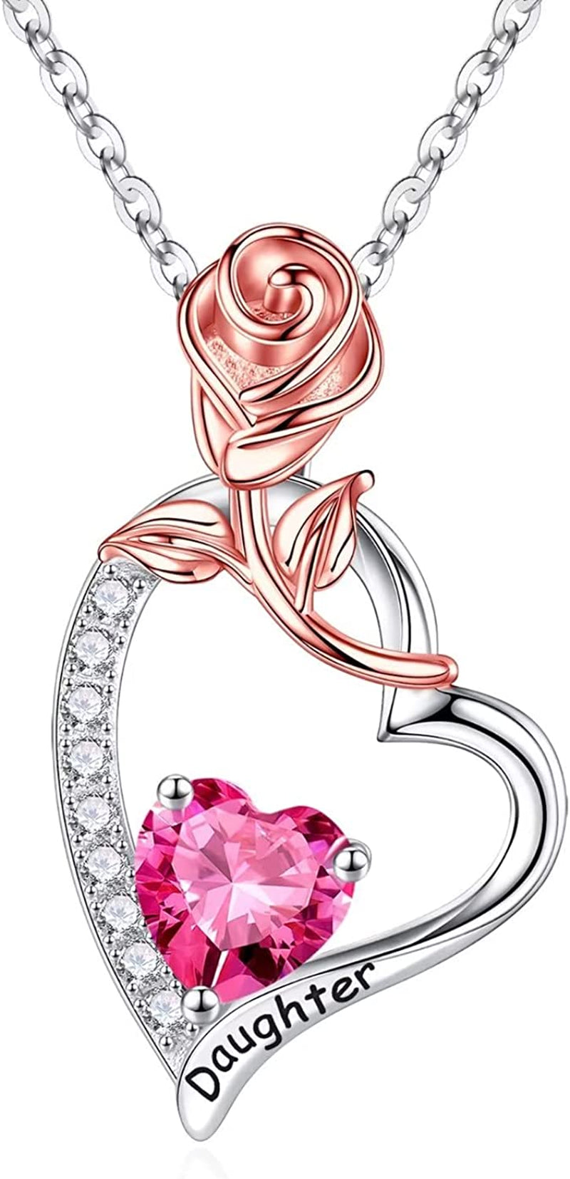 Daughter Gifts Rose Heart Birthstone Necklace, 925 Sterling Silver Natural or Created Gemstone Pendant Necklace Valentines Mothers Day Gifts for Daughter Birthday Christmas Gifts for Daughter from Mom