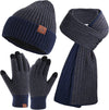 Men & Women Winter Knit Hat Beanie Long Scarf Touchscreen Gloves Set Skull Cap Neck Warmer Gloves Set with Fleece Lined