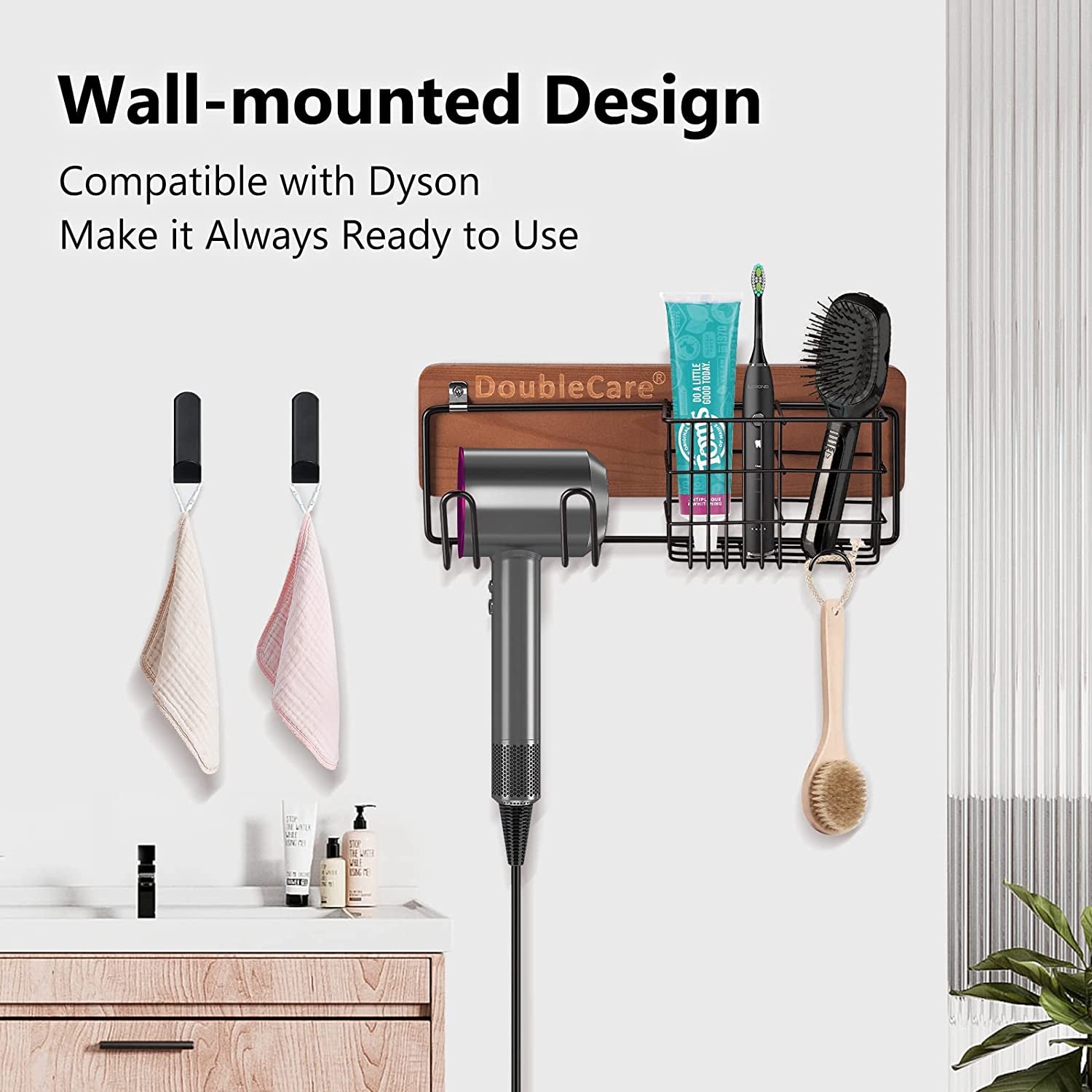 Toothbrush Holder Wall Mounted, Hair Dryer Holder for Dyson with 2 Iron Hooks,Multifunctional Bathroom Organizer for Toothpaste, Toothbrush, Razor,Towel,Wooden