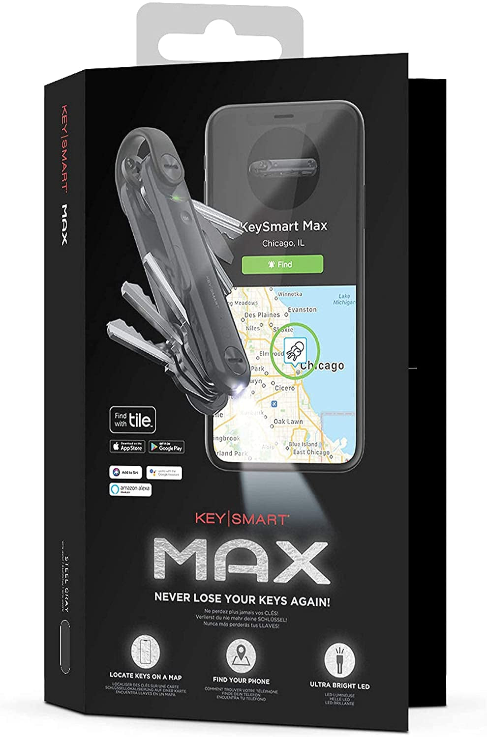 Keysmart Max - Great Gift for Men Key Organizer - Compact Trackable W LED Flashlight and Tile Bluetooth Key Finder - Attach Car Key Fob and Other Keychain Accessories (Up to 14 Keys, Steel Gray)