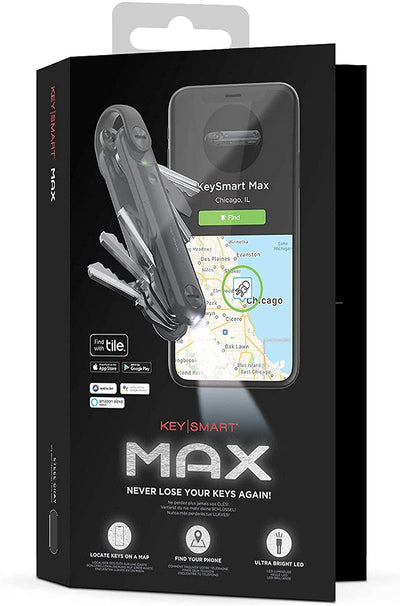 Keysmart Max - Great Gift for Men Key Organizer - Compact Trackable W LED Flashlight and Tile Bluetooth Key Finder - Attach Car Key Fob and Other Keychain Accessories (Up to 14 Keys, Steel Gray)