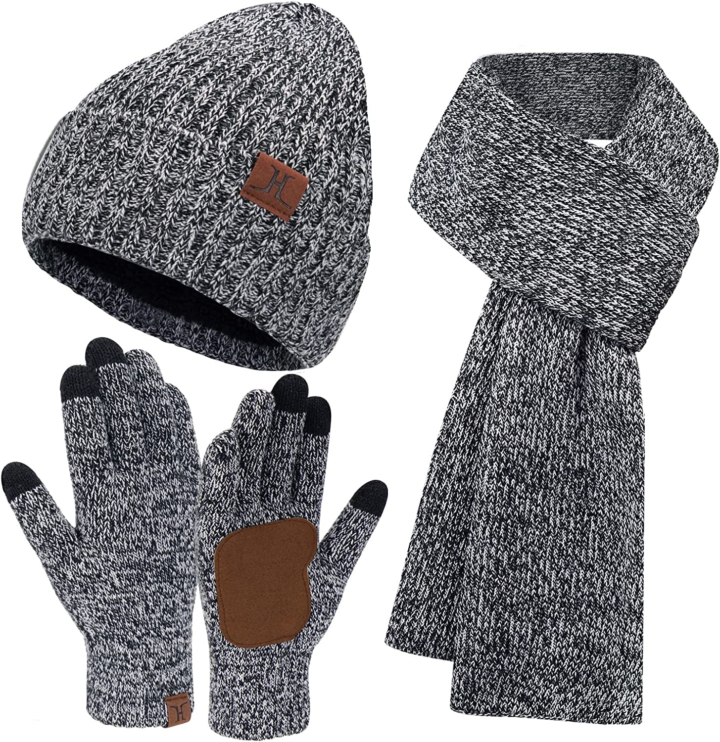 Men & Women Winter Knit Hat Beanie Long Scarf Touchscreen Gloves Set Skull Cap Neck Warmer Gloves Set with Fleece Lined