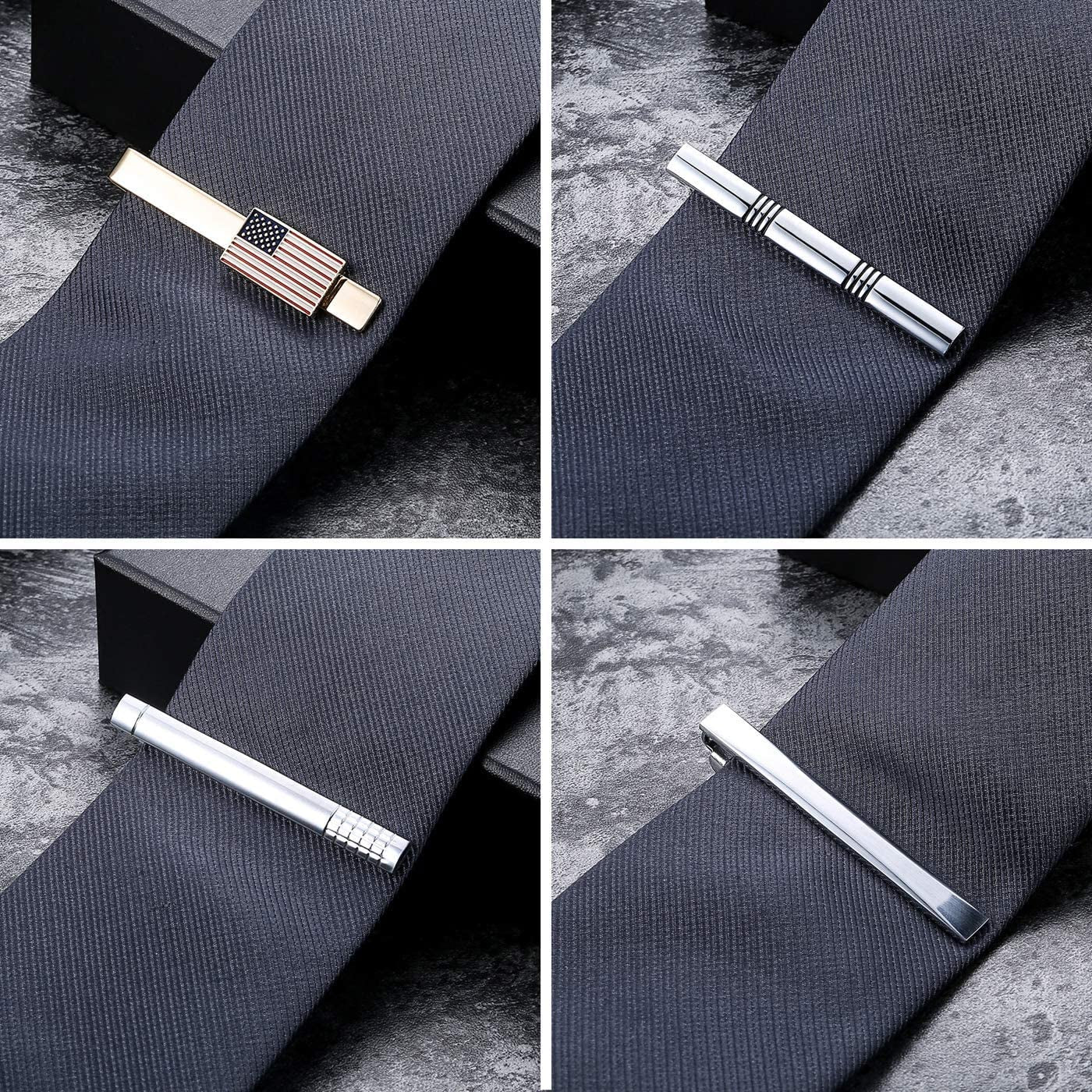 9-10 Pcs Tie Clips for Men Tie Bar Clip and Cufflink Set for Regular Ties Black Gold Red Navy Blue Silver American Flag Necktie Wedding Business Clips with Gift Box