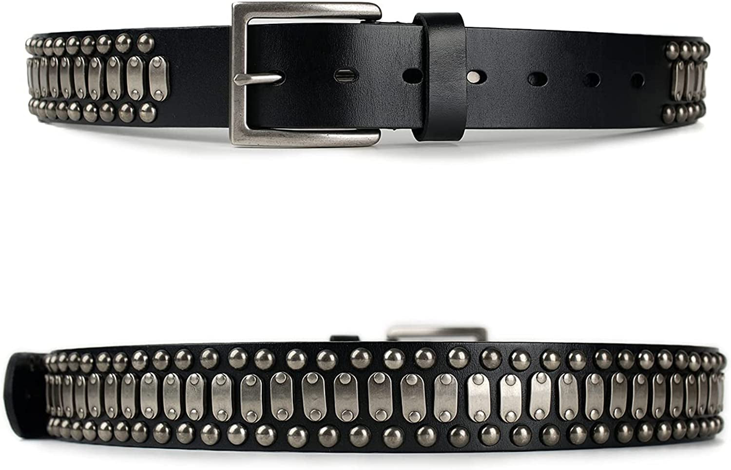 Stylish Mens Studded Casual Italian Cowhide Leather Belts for Jeans Punk Rock Rivets Belt with Buckle for Men Black