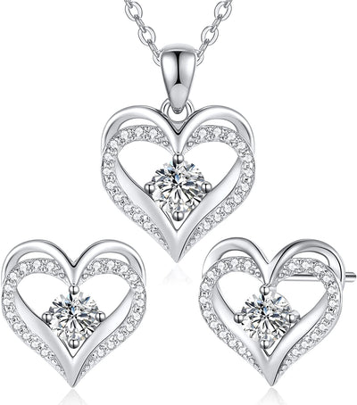 Jewelry Sets for Women Love Heart Pendant Necklaces Earrings, 925 Sterling Silver with Birthstone Zirconia, Birthday Anniversary Valentine’S Day Jewelry Gifts for Women Girls Wife Girlfriend Her