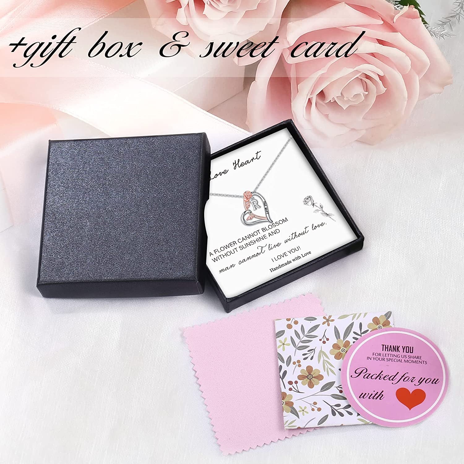 Rose Heart Initial Necklaces Gifts for Women Teen Girls, Rose Love You Heart Letter Pendant Necklace Jewelry Mothers Day Valentines Anniversary Christmas Birthday Gifts for Her Mom Wife Girlfriend