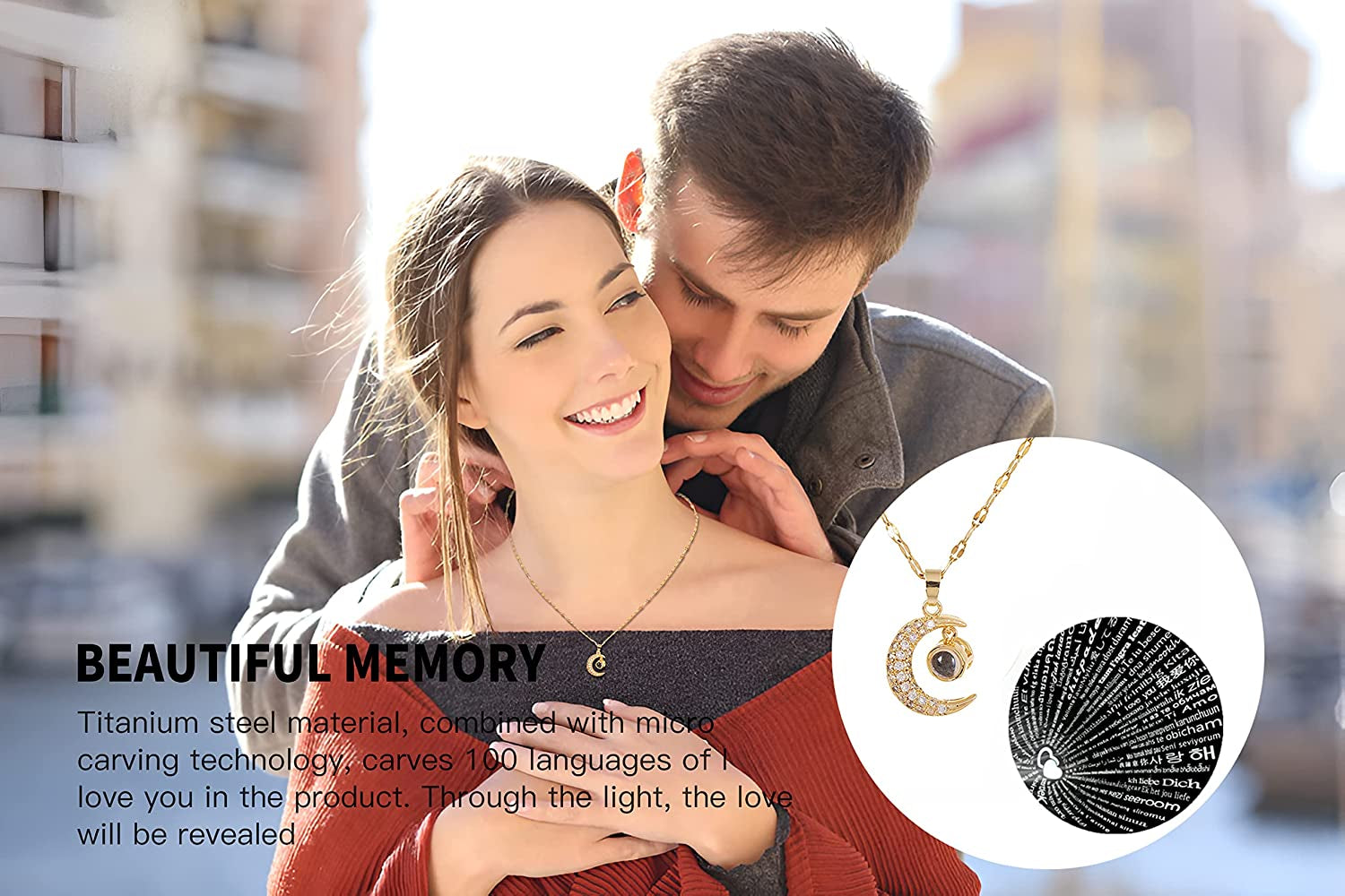 Couples Gifts, Valentines Day Gifts for Her, Christmas Gifts for Women Wife Girlfriend, Engraved Natural Rock with Moon Necklace, Romantic Wedding Gifts, Unique Birthday Gifts