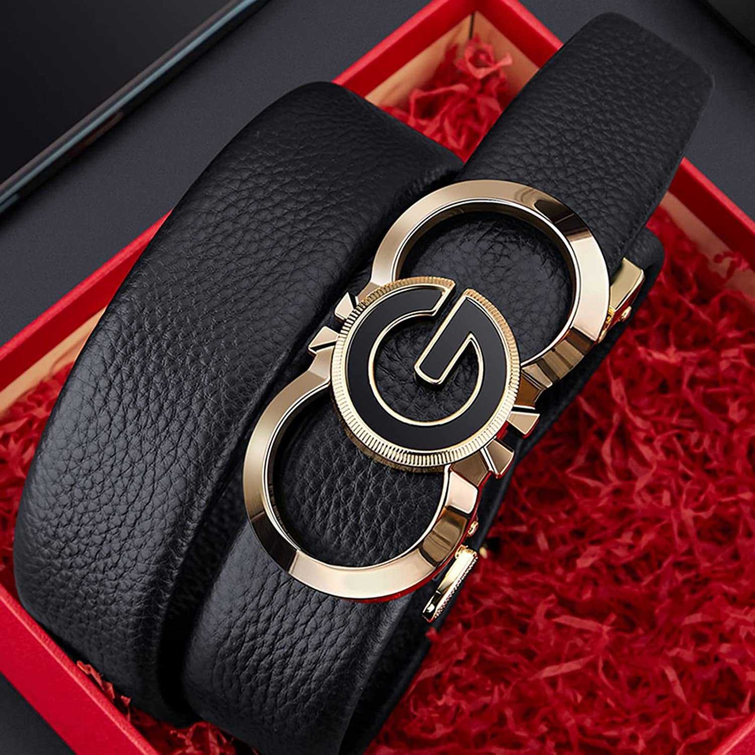 Leather Ratchet Belts for Men Automatic Buckle Casual Work Dress Belt with Gift Box