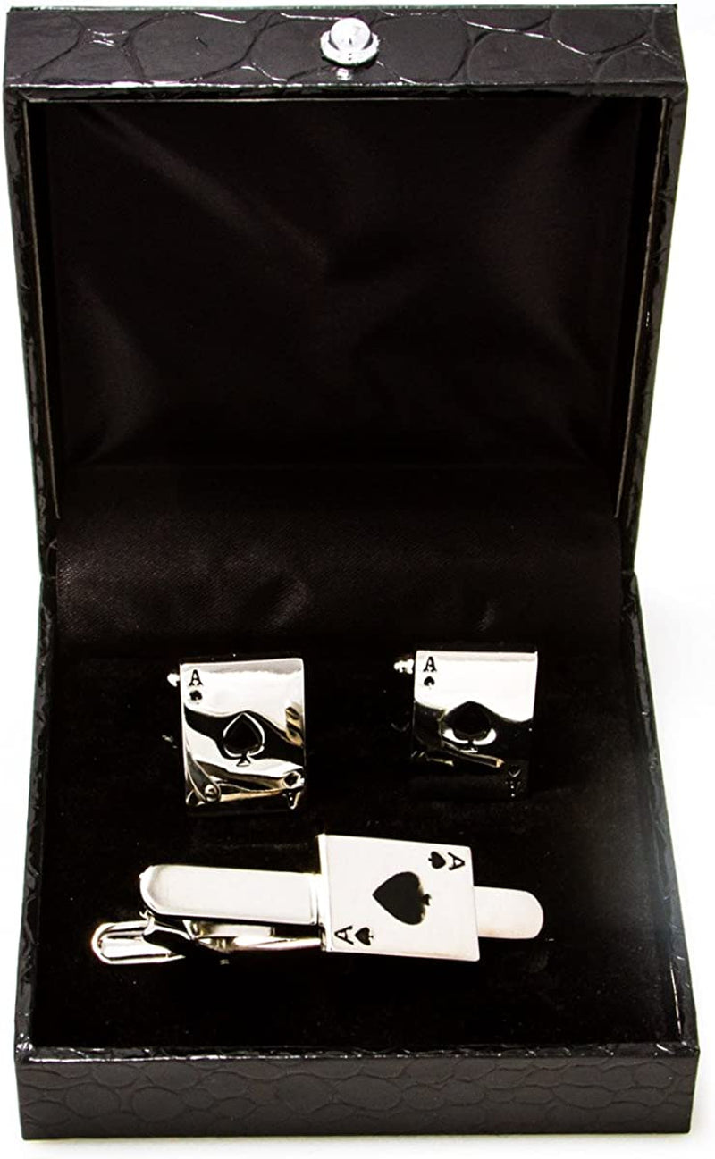 Ace of Spades Poker Playing Cards Pair Cufflinks & Tie Bar Clip in Presentation Gift Box