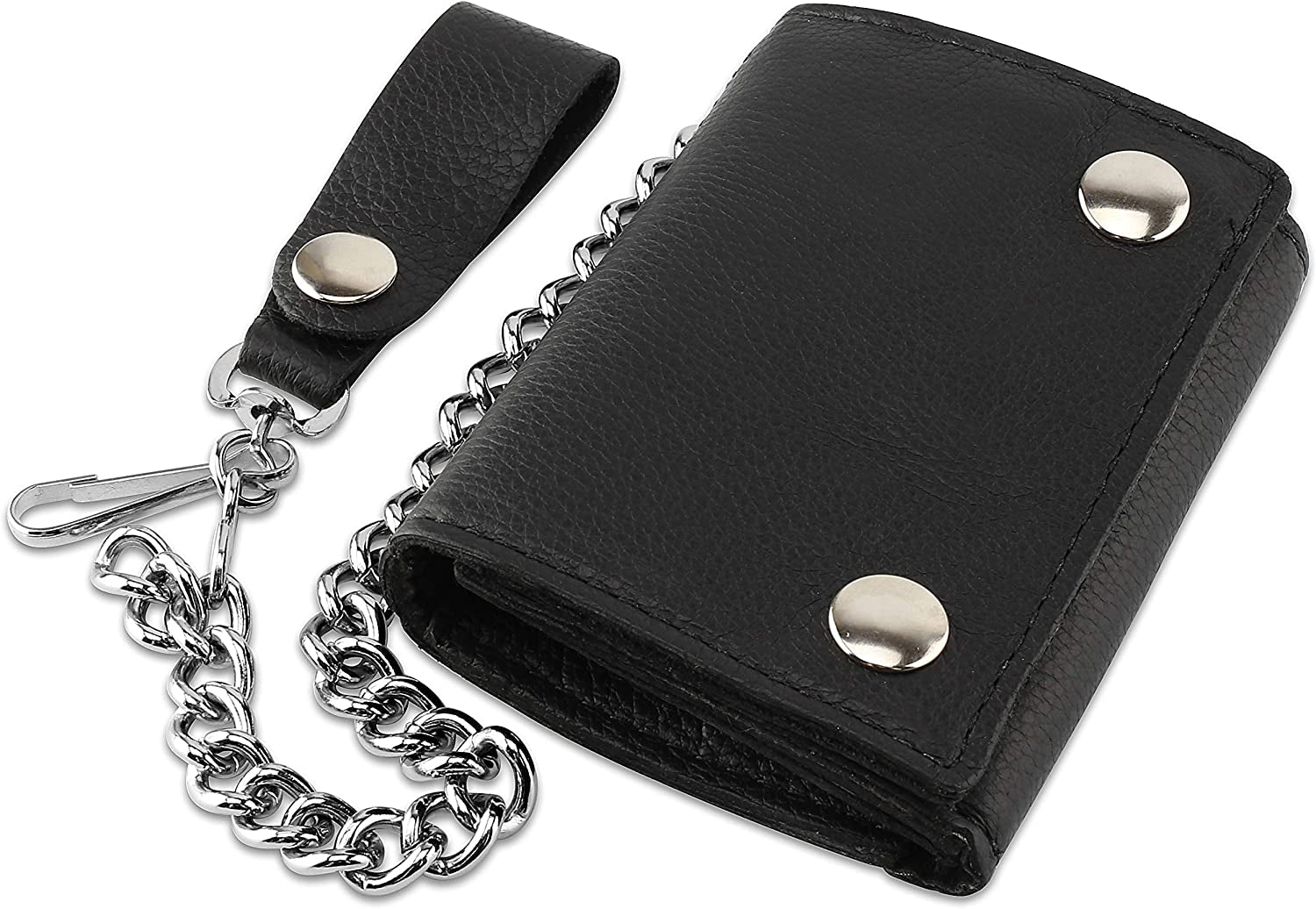 RFID Blocking Men'S Tri-Fold Vintage Biker Cowhide Top Grain Leather Steel Chain Wallet,Snap Closure, Made in Usa,Gl315,Black