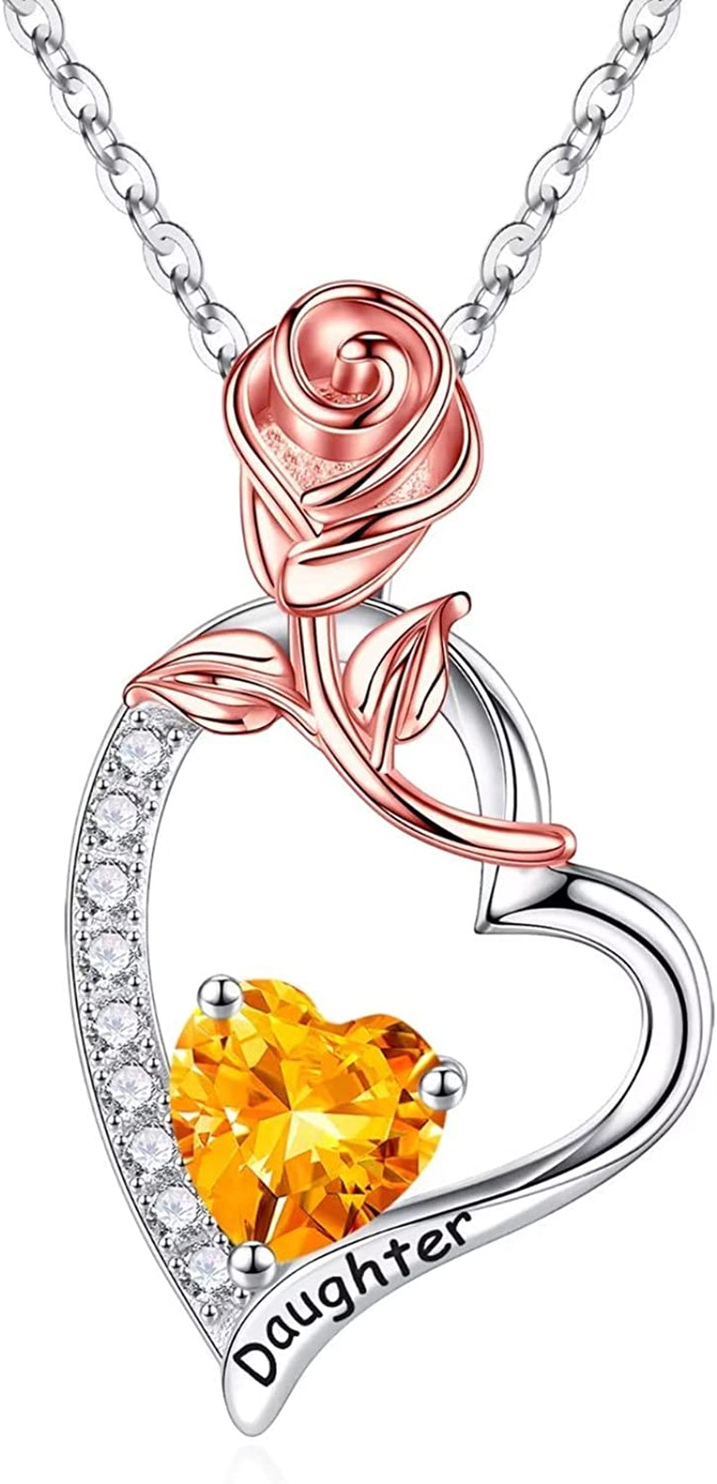 Daughter Gifts Rose Heart Birthstone Necklace, 925 Sterling Silver Natural or Created Gemstone Pendant Necklace Valentines Mothers Day Gifts for Daughter Birthday Christmas Gifts for Daughter from Mom