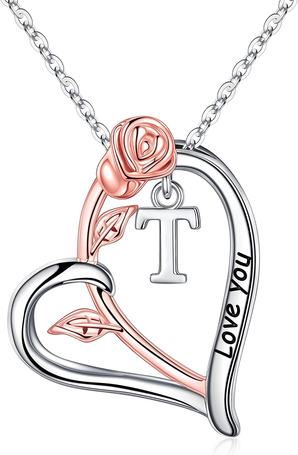Rose Heart Initial Necklaces Gifts for Women Teen Girls, Rose Love You Heart Letter Pendant Necklace Jewelry Mothers Day Valentines Anniversary Christmas Birthday Gifts for Her Mom Wife Girlfriend