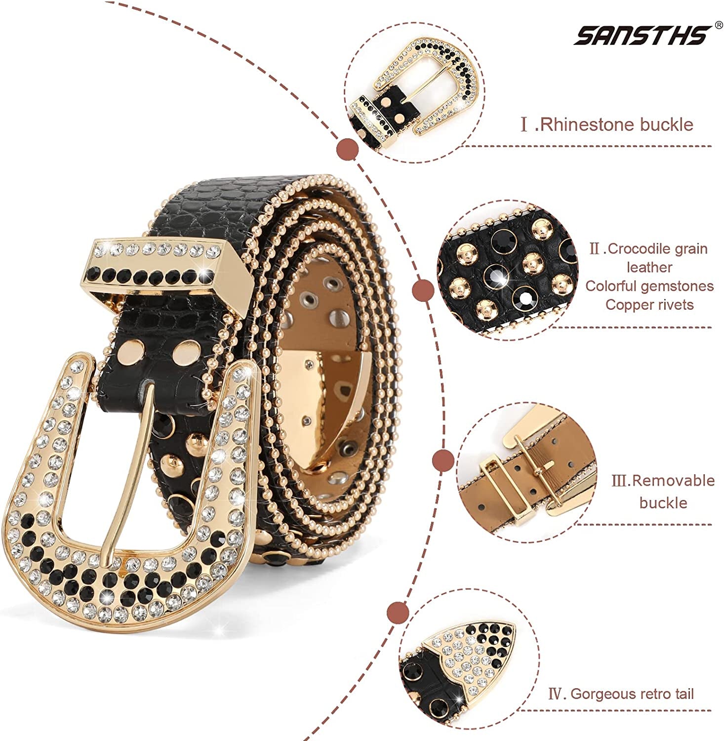 Women Rhinestone Belt for Jeans, Men Western Cowgirl Bling Studded Belt Faux Crocodile Grain Leather