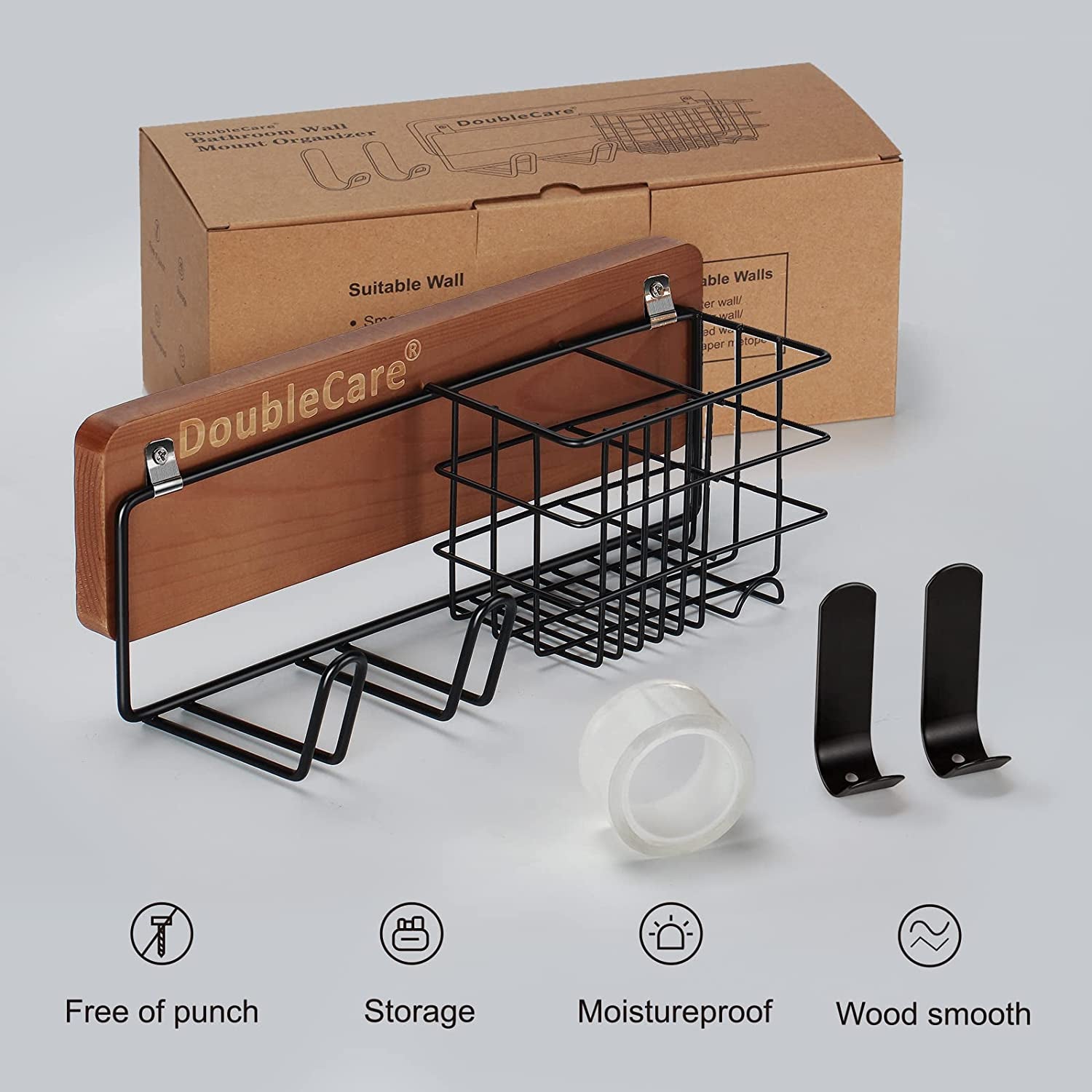 Toothbrush Holder Wall Mounted, Hair Dryer Holder for Dyson with 2 Iron Hooks,Multifunctional Bathroom Organizer for Toothpaste, Toothbrush, Razor,Towel,Wooden