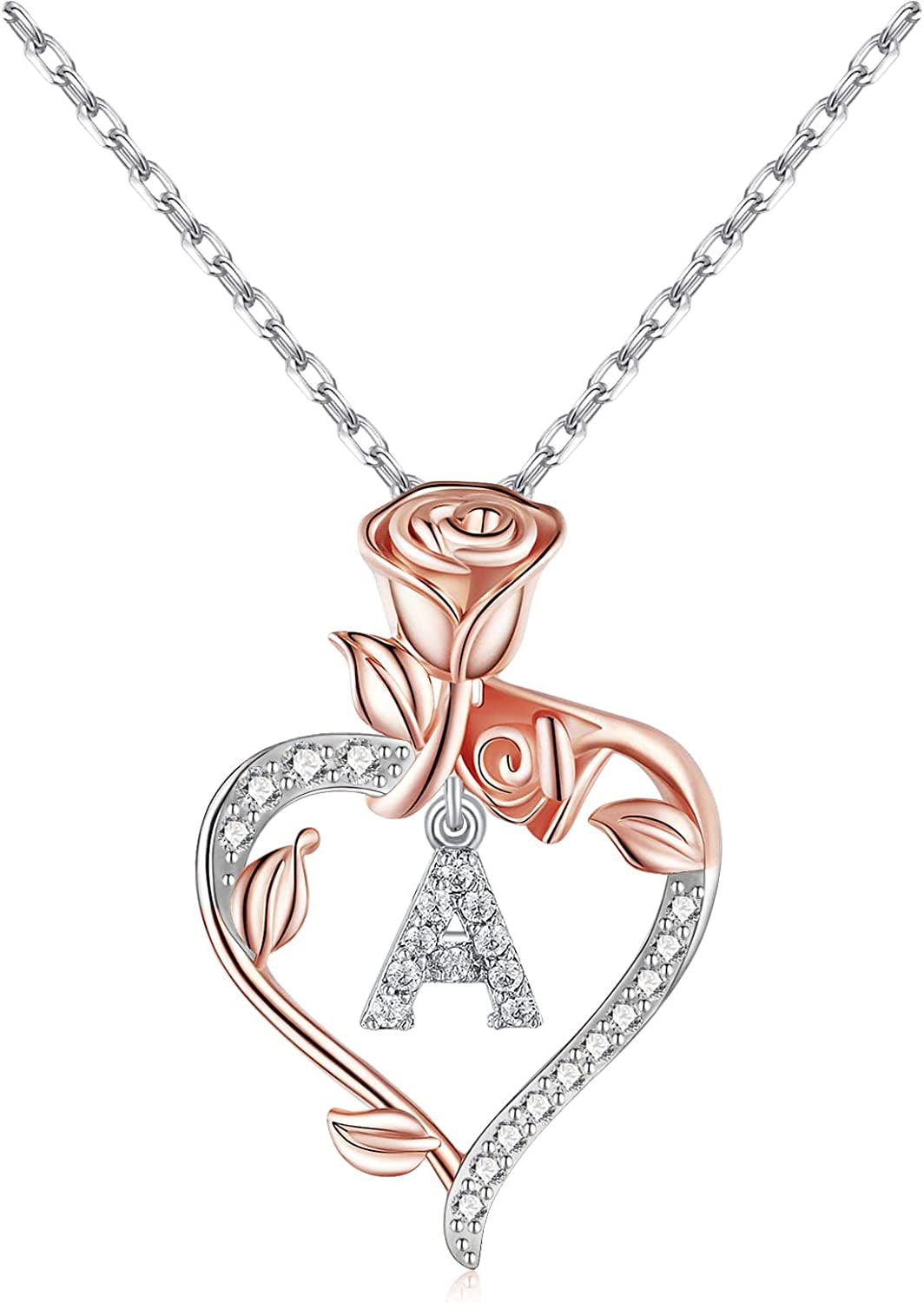 Rose Heart Initial Necklaces Gifts for Women Teen Girls, Rose Love Heart Letter Pendant Necklace Jewelry Mothers Day Valentines Anniversary Birthday Gifts for Her Women Wife Girlfriend Mom