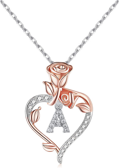 Rose Heart Initial Necklaces Gifts for Women Teen Girls, Rose Love Heart Letter Pendant Necklace Jewelry Mothers Day Valentines Anniversary Birthday Gifts for Her Women Wife Girlfriend Mom