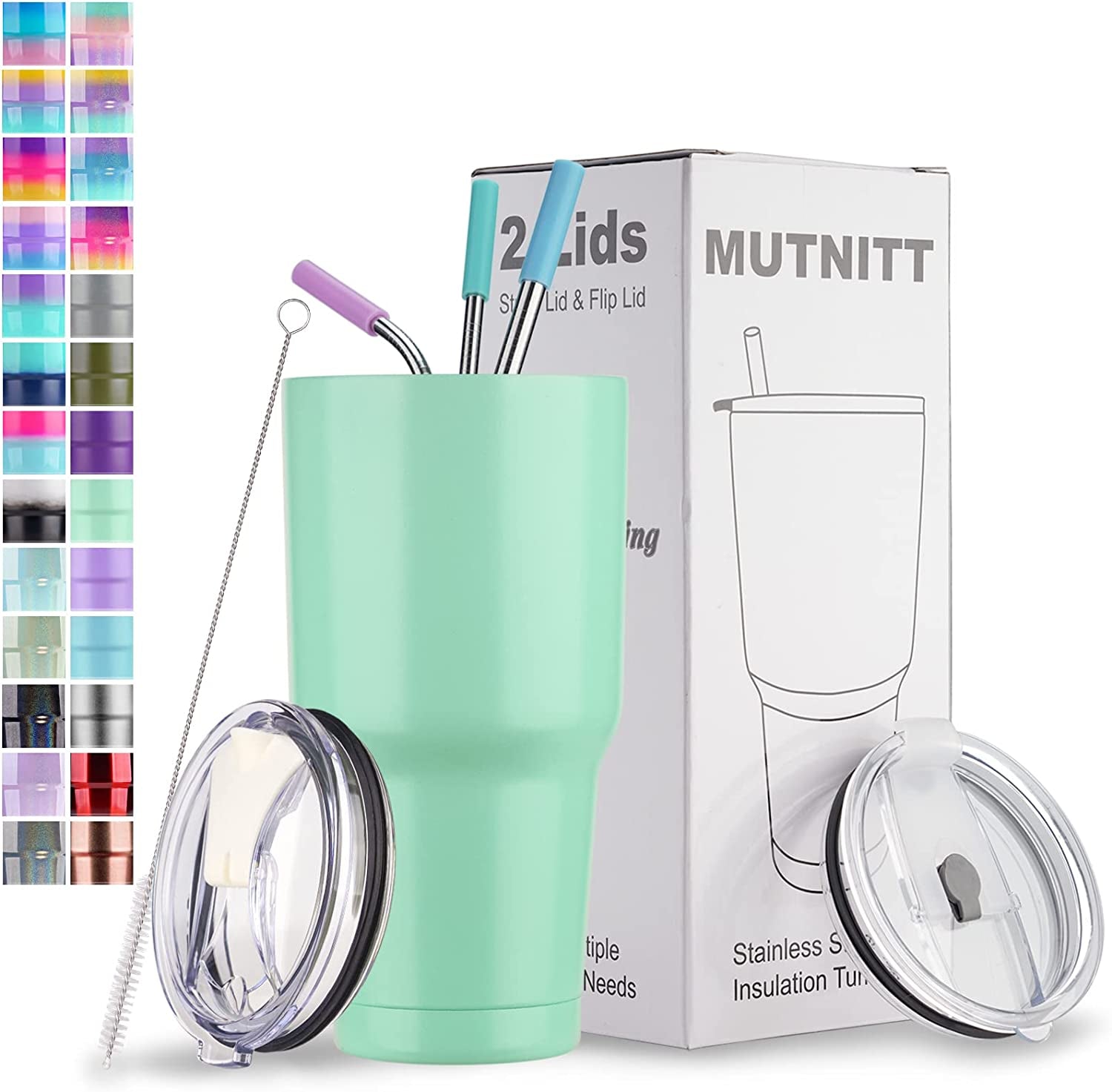 30 Oz Tumbler with Lids and Straws,18/8 Stainless Steel Vacuum Insulated Coffee Tumbler,Insulated Travel Mug Water Cup with Leak-Proof Straw Lid & Flip Lid,3 Metal Straws,1 Cleaning Brush & Gift Box