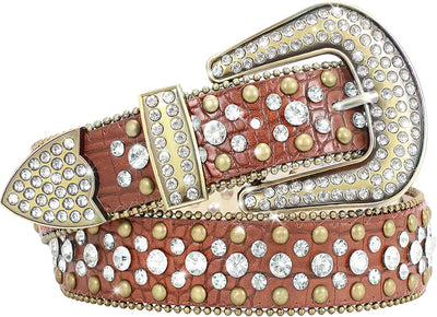 Women Rhinestone Belt for Jeans, Men Western Cowgirl Bling Studded Belt Faux Crocodile Grain Leather