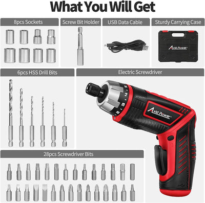 Electric Screwdriver Set Rechargeable 4V Cordless Screwdriver Kit with 44Pcs Accessories, 5.65Nm Screw Gun, 5+1 Torque Setting, 2 Position Handle with LED Light