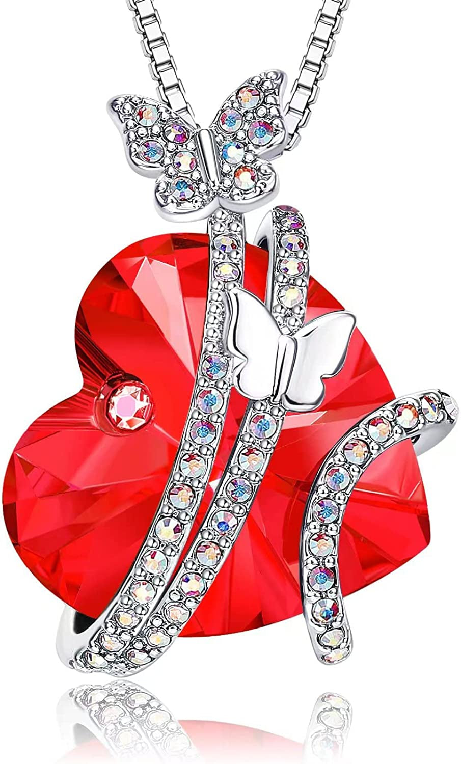 Butterfly Love Heart Pendant Necklaces with Birthstone Crystals, Valentines Day Gifts for Her, Anniversary Birthday Jewelry for Women Mom Wife Girlfriend