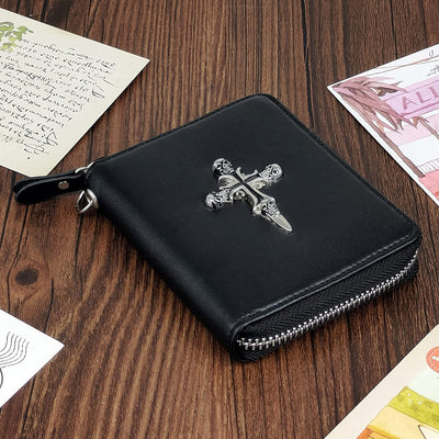 Mens Real Leather Skull Cross Biker Wallet with Chain Coins Pocket Black