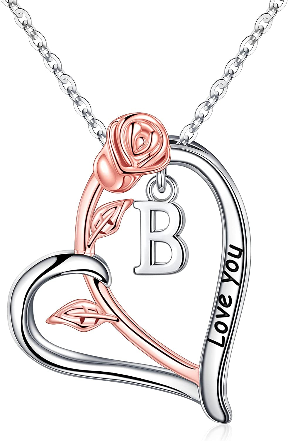 Rose Heart Initial Necklaces Gifts for Women Teen Girls, Rose Love You Heart Letter Pendant Necklace Jewelry Mothers Day Valentines Anniversary Christmas Birthday Gifts for Her Mom Wife Girlfriend