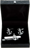 Anchor W/Chain Pair of Cufflinks & Tie Bar Clip in Presentation Gift Box and Polishing Cloth