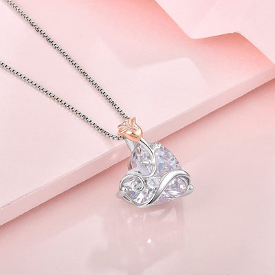 Love Heart Pendant Necklaces for Woman, 925 Sterling Silver Cubic Zirconia Rose Flower Birthstone Jewelry for Anniversary Valentines Mothers Day Gifts for Her