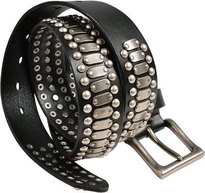 Stylish Mens Studded Casual Italian Cowhide Leather Belts for Jeans Punk Rock Rivets Belt with Buckle for Men Black