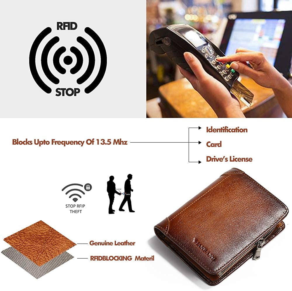 Mens Wallet Zipper Genuine Leather RFID Card Holders Cowhide Zip Coin Pocket Bifold Wallets for Men Brown(Anti-Theft Brush)