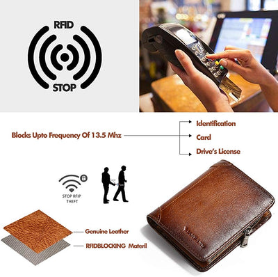 Mens Wallet Zipper Genuine Leather RFID Card Holders Cowhide Zip Coin Pocket Bifold Wallets for Men Brown(Anti-Theft Brush)