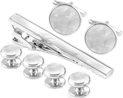 Mother of Pearl Cufflinks & Tie Clip Bar & Studs Tuxedo Set in Presentation Gift Box & Polishing Cloth