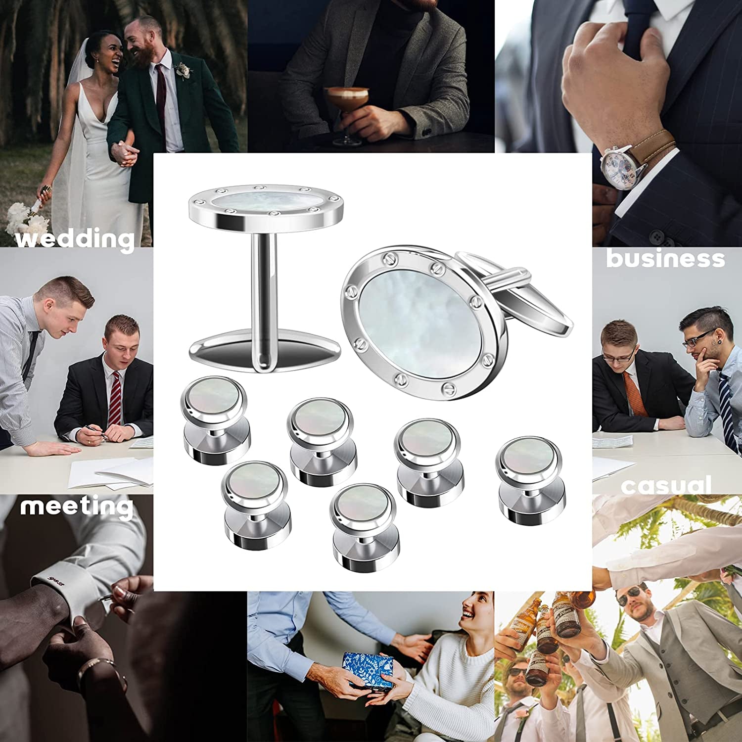 Cufflinks and 6Pcs Tuxedo Shirt Studs Sets with Fashion Mother of Pearl Setting Jewelry for Men with Presentation Gift Box Unique Designed French Cuff Links Mens Wedding Business