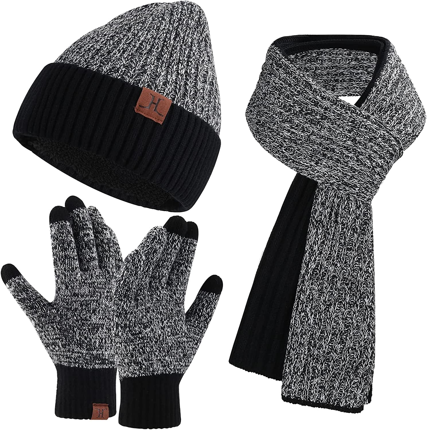 Men & Women Winter Knit Hat Beanie Long Scarf Touchscreen Gloves Set Skull Cap Neck Warmer Gloves Set with Fleece Lined