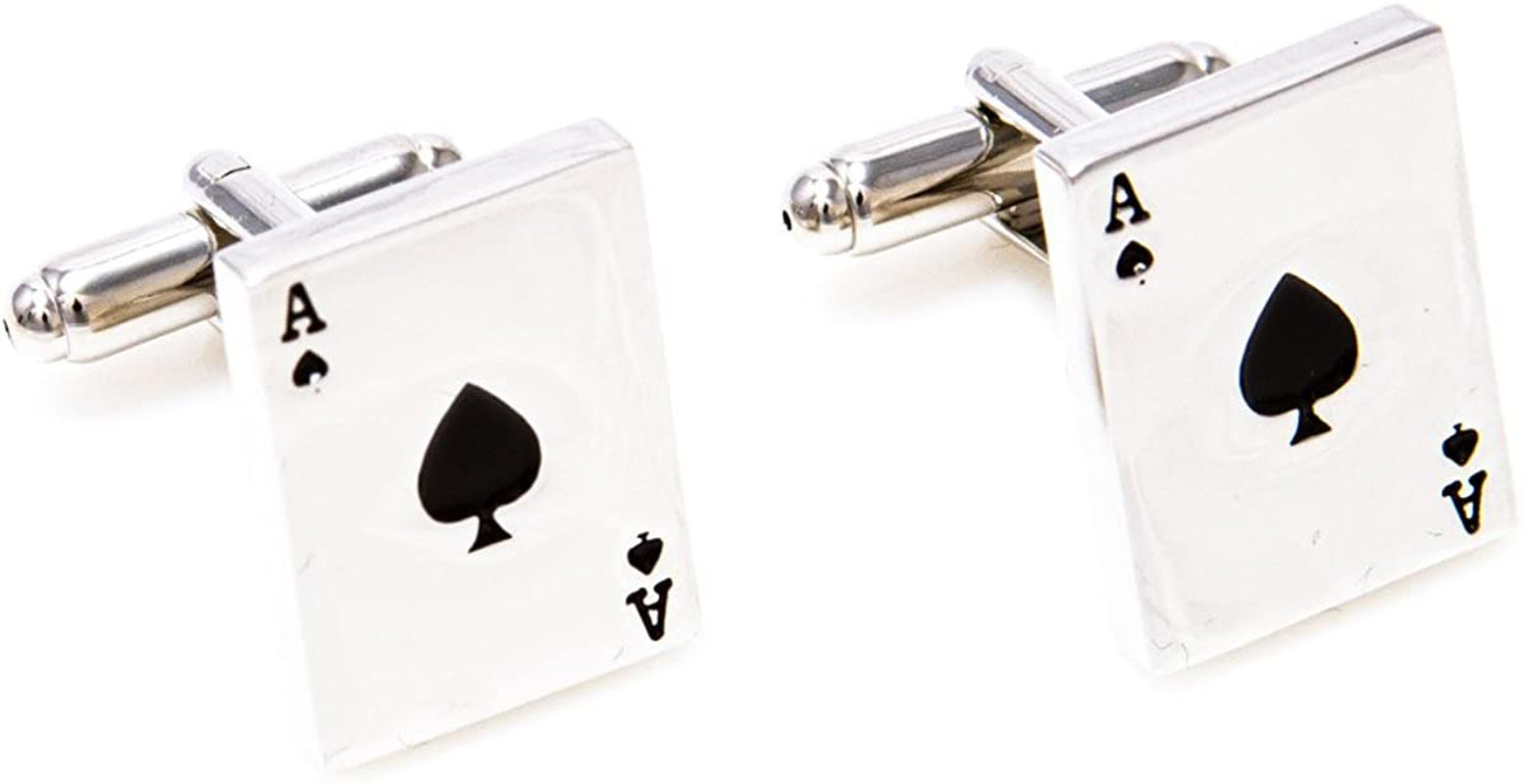 Ace of Spades Poker Playing Cards Pair Cufflinks & Tie Bar Clip in Presentation Gift Box