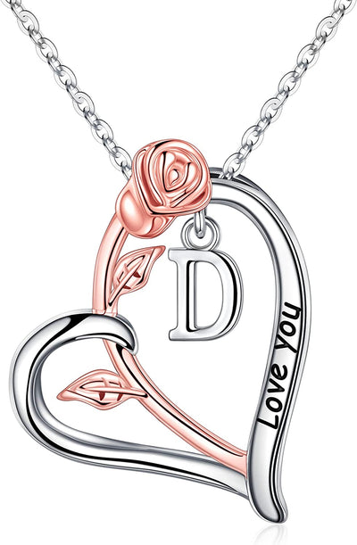 Rose Heart Initial Necklaces Gifts for Women Teen Girls, Rose Love You Heart Letter Pendant Necklace Jewelry Mothers Day Valentines Anniversary Christmas Birthday Gifts for Her Mom Wife Girlfriend
