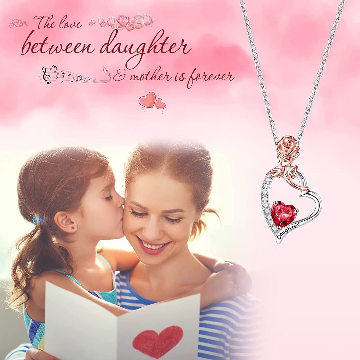 Daughter Gifts Rose Heart Birthstone Necklace, 925 Sterling Silver Natural or Created Gemstone Pendant Necklace Valentines Mothers Day Gifts for Daughter Birthday Christmas Gifts for Daughter from Mom