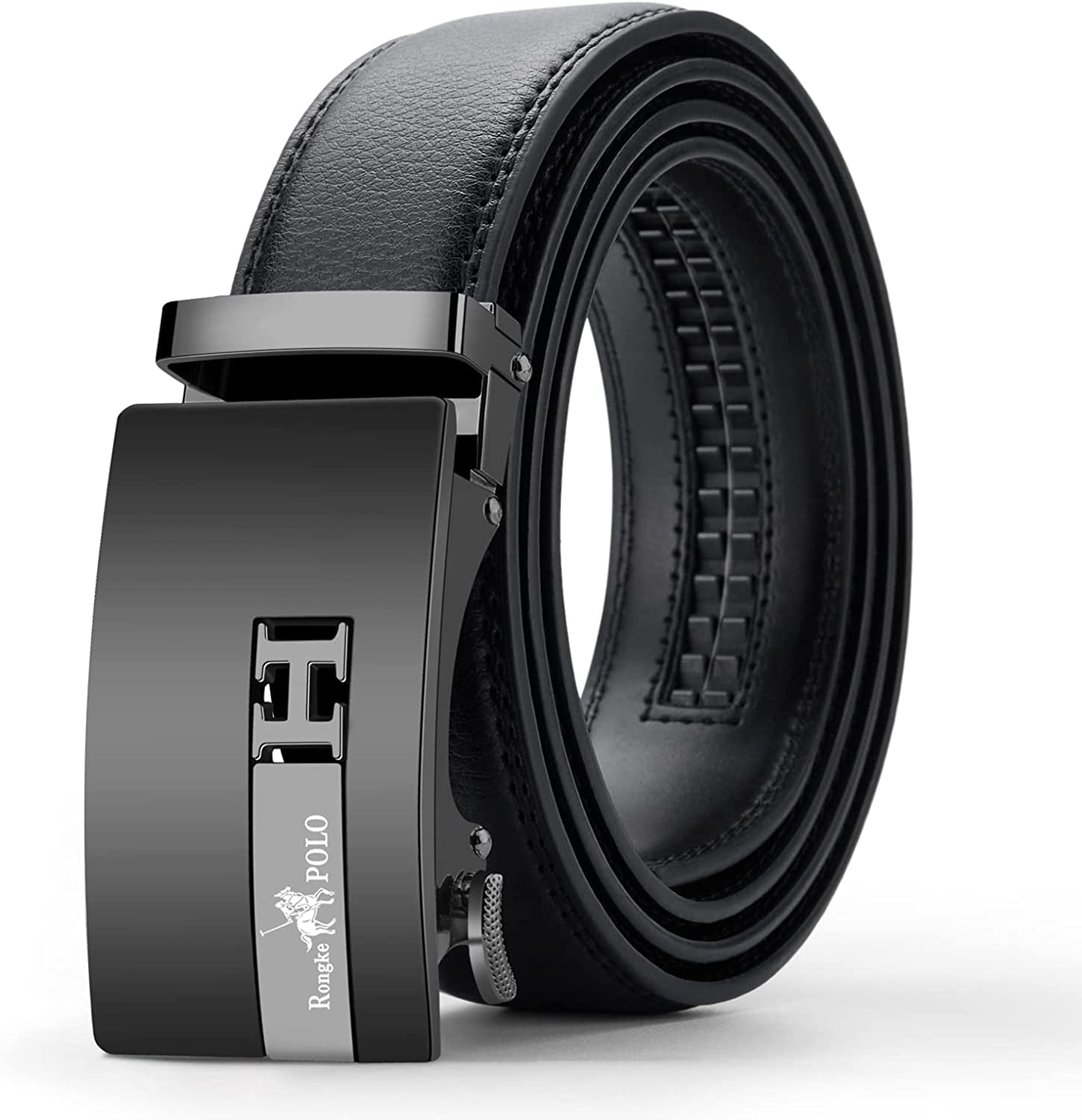 Black Belt Men,  Mens Leather Belts Slide Ratchet Belt Buckle Dress Casual Fashion Belt for Jeans Pants